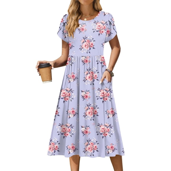 Zeagoo Floral Casual Dresses Modest Tshirt Dress Aline Midi Dress Floral Boho Sundress with Pockets Cotton Ladies Summer Dress Travel Dress Holiday Dresses