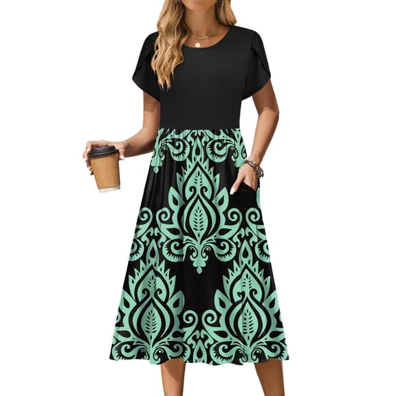 Zeagoo Floral Casual Dresses Modest Tshirt Dress Aline Midi Dress Floral Boho Sundress with Pockets Cotton Ladies Summer Dress Travel Dress Holiday Dresses