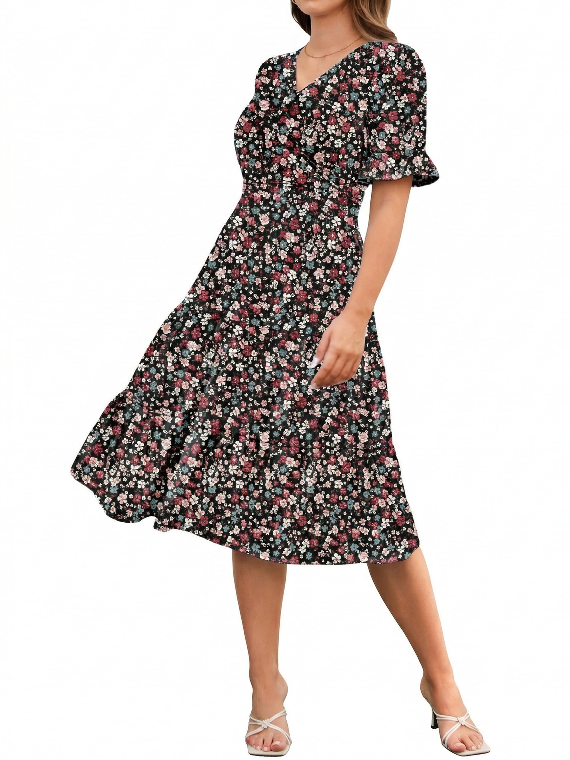 Zeagoo Floral Midi A-Line Dress Women's Boho V-Neck Spring Summer Dress ...