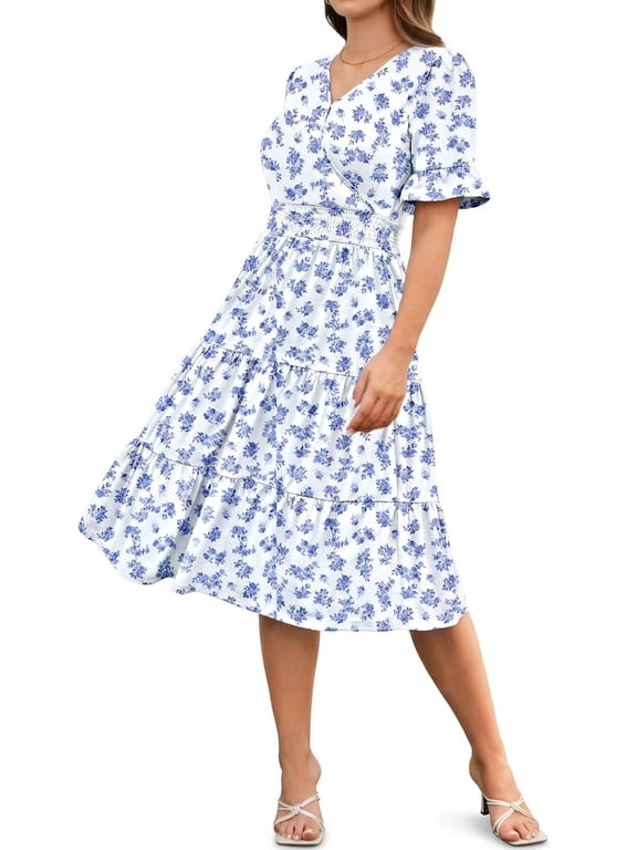 Floral Midi A-Line Dress Women's Boho V-Neck Spring Summer Dress Layer Ruffle Hem Cute Dress