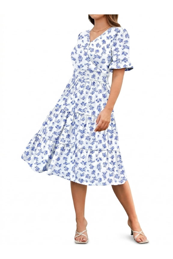 Floral Midi A-Line Dress Women's Boho V-Neck Spring Summer Dress Layer Ruffle Hem Cute Dress