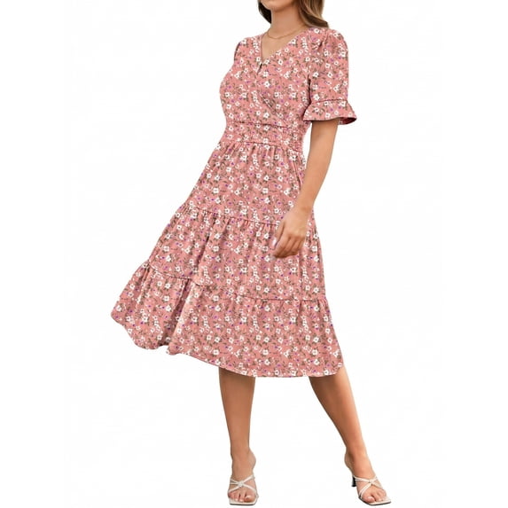 Zeagoo Floral Midi A-Line Dress Women's Boho V-Neck Spring Summer Dress Layer Ruffle Hem Cute Dress