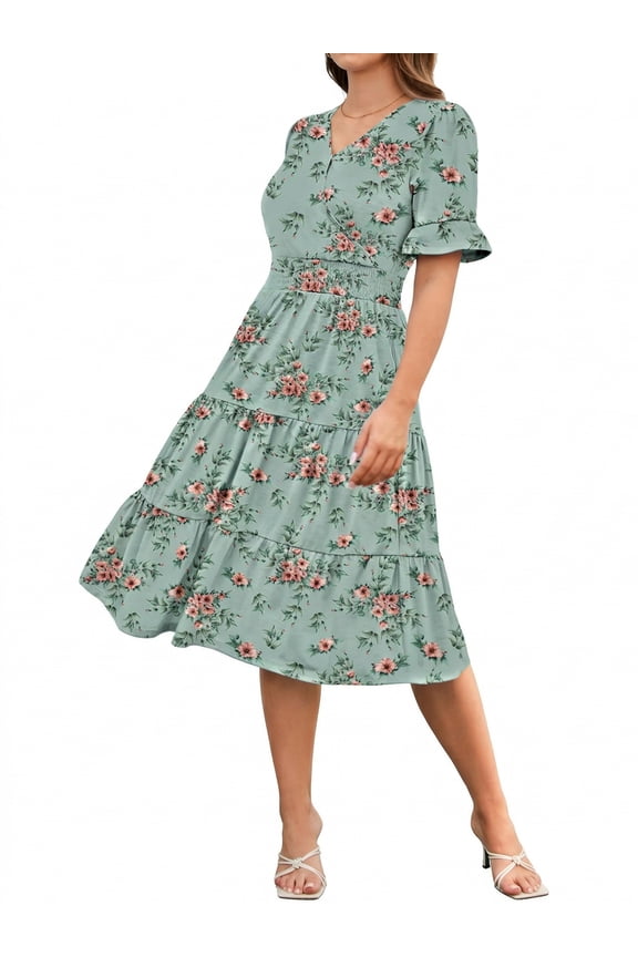Floral Midi A-Line Dress Women's Boho V-Neck Spring Summer Dress Layer Ruffle Hem Cute Dress