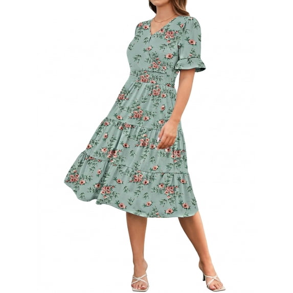 Zeagoo Floral Midi A-Line Dress Women's Boho V-Neck Spring Summer Dress Layer Ruffle Hem Cute Dress