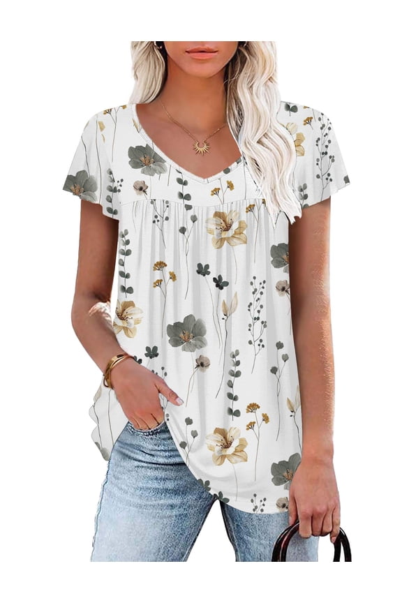Floral Tops for Women Flowy Blouses Ruffle Sleeve Tunics Boho Peasant Blouses for Women Summer 2025