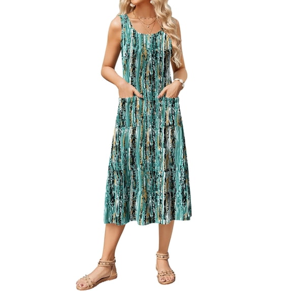 Zeagoo Flowy Summer Dresses for Women Floral Midi A-Line Casual Dress Sleeveless Beach Tshirt Sundresses with Pockets
