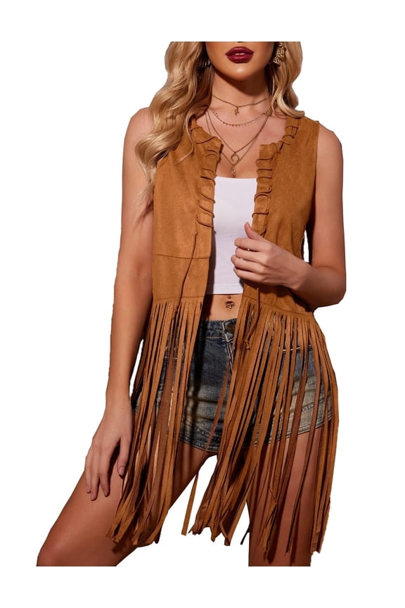 Fringe Tops for Women Faux Suede Boho Vest Hippie Disco Concert Top 70s Fashion Clothes Cowgirl Jacket Country Western Style