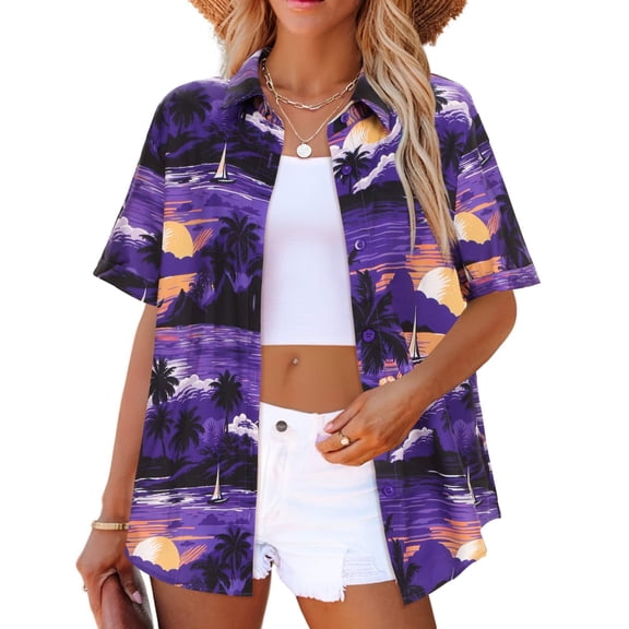 Zeagoo Hawaiian Shirts for Women Purple Tropical Tops Summer Button Blouse Floral Summer Beach Button Up Tops