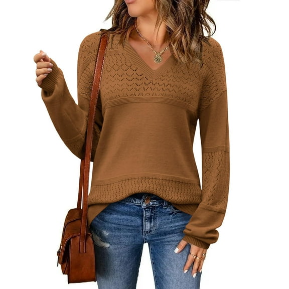 Zeagoo Hollow Pullover Sweaters for Womans V-Neck Batwing Long Sleeve Ribbed Knitted Crochetd Top