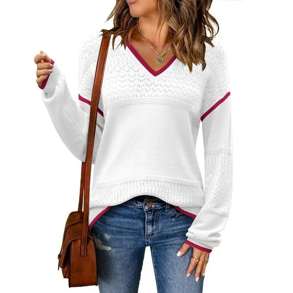 Zeagoo Hollow Pullover Sweaters for Womans V-Neck Batwing Long Sleeve Ribbed Knitted Crochetd Top