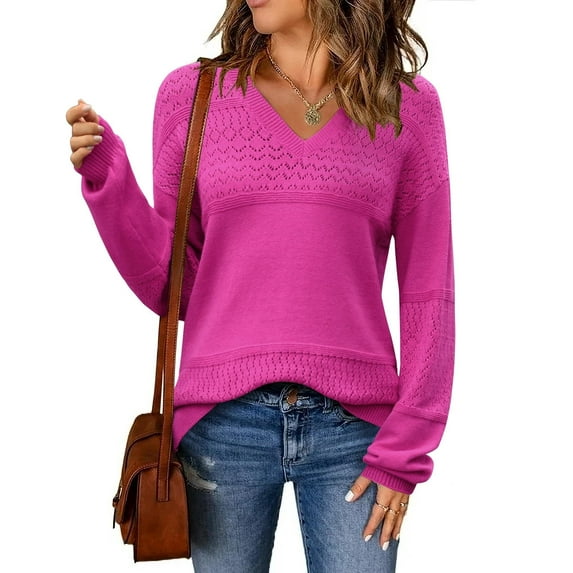 Zeagoo Hollow Pullover Sweaters for Womans V-Neck Batwing Long Sleeve Ribbed Knitted Crochetd Top