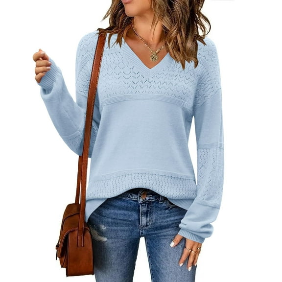 Zeagoo Hollow Pullover Sweaters for Womans V-Neck Batwing Long Sleeve Ribbed Knitted Crochetd Top