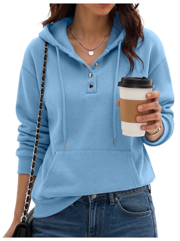 Hoodies for Women Casual Button Collar Drawstring Long Sleeve Hooded Sweatshirt Pullover Tops for Fall Winter