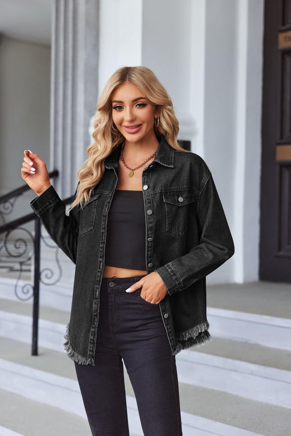 Jean Jackets for Women Ripped Fringe Denim Jean Jacket Casual Long Sleeve Pockets Jackets Coat