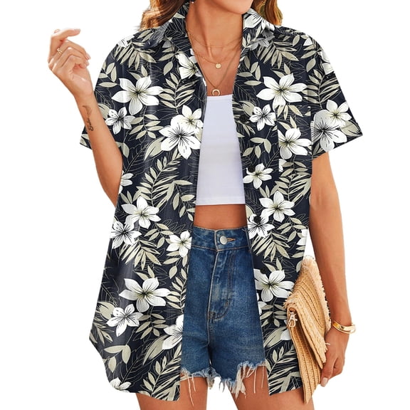 Zeagoo Ladies Button up Hawaiin Shirt Casual Floral Print Short Sleeve Blouses V Neck Cool Tropical Beach Tops