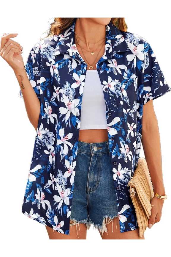 Ladies Button up Hawaiin Shirt Casual Floral Print Short Sleeve Blouses V Neck Cool Tropical Beach Tops