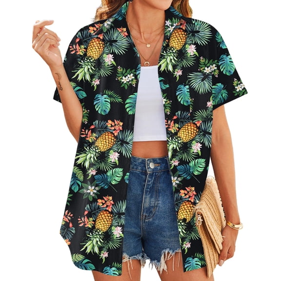 Zeagoo Ladies Button up Hawaiin Shirt Casual Floral Print Short Sleeve Blouses V Neck Cool Tropical Beach Tops