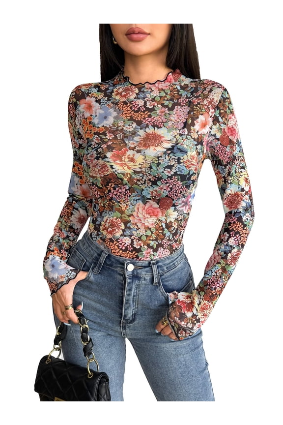 Womens Mesh Sheer See Through Mock Neck Top Long Sleeve Going Out Sexy Nightout Clubwear Tee Blouses