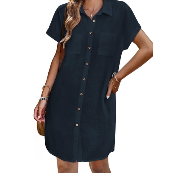 Zeagoo Linen Dresses for Women 100% Cotton Short Sleeve V-Neck Button Down Tshirt Dress Summer Casual Beach Sundress Loose Tunic Shift Sundresses