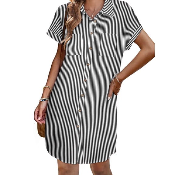 Zeagoo Linen Dresses for Women 100% Cotton Short Sleeve V-Neck Button Down Tshirt Dress Summer Casual Beach Sundress Loose Tunic Shift Sundresses
