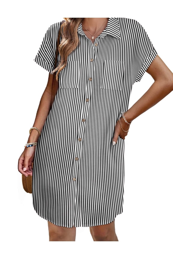 Linen Dresses for Women 100% Cotton Short Sleeve V-Neck Button Down Tshirt Dress Summer Casual Beach Sundress Loose Tunic Shift Sundresses