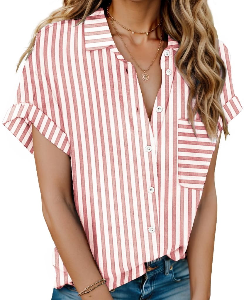 Zeagoo Linen Shirts for Women Button Down Short Sleeve V Neck Collared ...