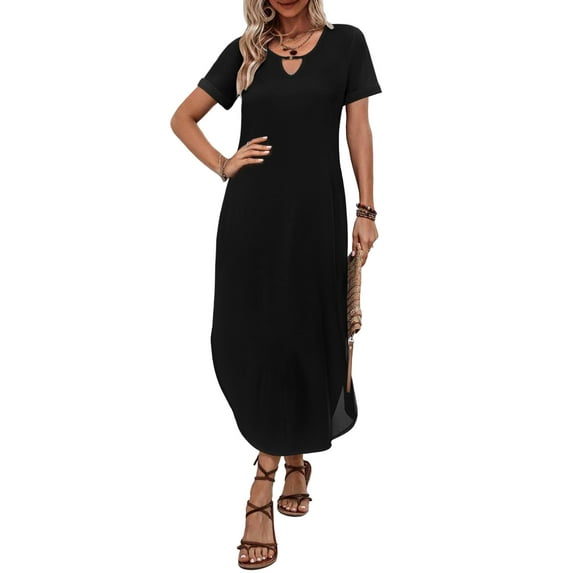 Zeagoo Long Dresses for Women Casual Summer Maxi Dress Short Sleeve Long Dress with Pockets Curve Hem Long Dress Crew Neck