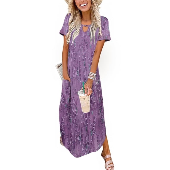Zeagoo Long Dresses for Women Casual Summer Maxi Dress Short Sleeve Long Dress with Pockets Curve Hem Long Dress Crew Neck