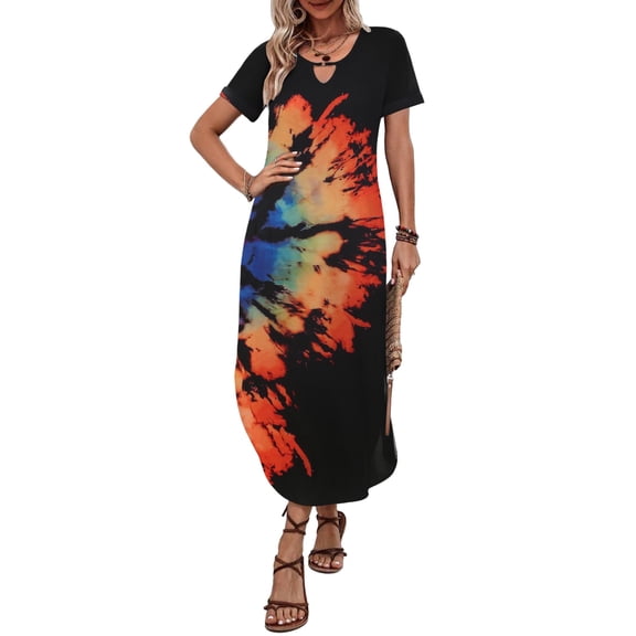 Zeagoo Long Dresses for Women Casual Summer Maxi Dress Short Sleeve Long Dress with Pockets Curve Hem Long Dress Crew Neck
