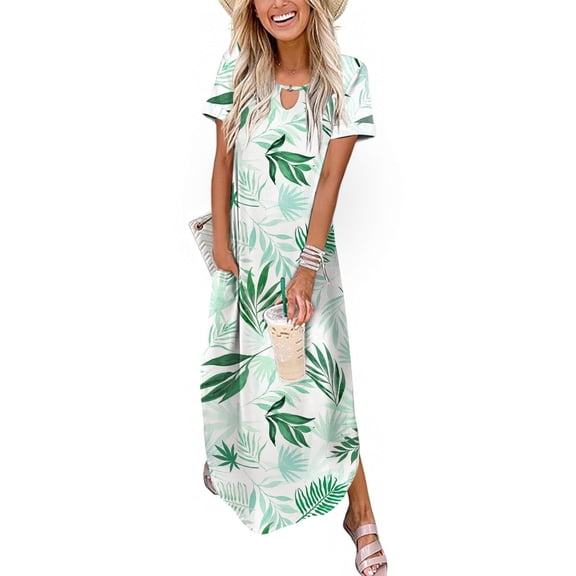 Zeagoo Long Dresses for Women Casual Summer Maxi Dress Short Sleeve Long Dress with Pockets Curve Hem Long Dress Crew Neck