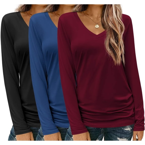 Zeagoo Long Sleeve Shirt for Woman V-Neck T Shirt Solid Casual Basic Tops Fall Tees Summer Clothing