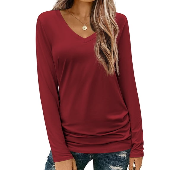 Zeagoo Long Sleeve Shirt for Woman V-Neck T Shirt Solid Casual Basic Tops Fall Tees Summer Clothing
