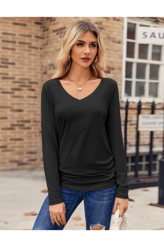 Long Sleeve Shirt for Woman V-Neck T Shirt Solid Casual Basic Tops Fall Tees Summer Clothing