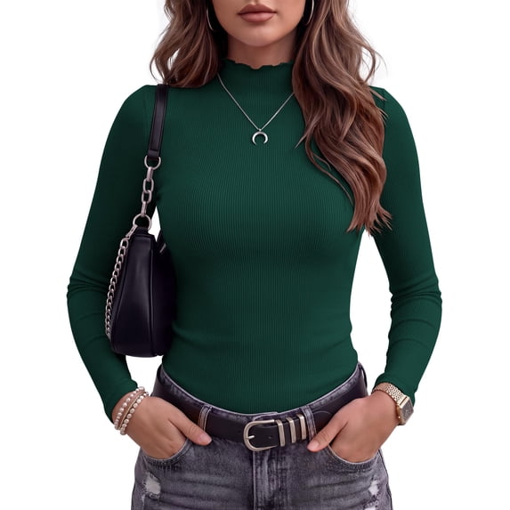 Zeagoo Long Sleeve Shirts for Women Ribbed Slim Fit Tops Lettuce Trim Mock Neck Summer Fall Basic Tee