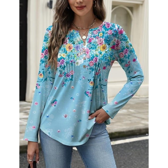 Zeagoo Long Sleeve Shirts for Women V Neck Henley Tops Pleated Button Casual Dressy Blouses Fashion Tunic Outfits
