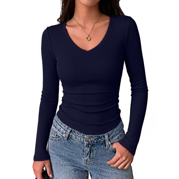 Zeagoo Long Sleeve Shirts for Women V Neck Top Ribbed Knit Fitted Basic Tee Going Out Tops Casual Fall Trendy
