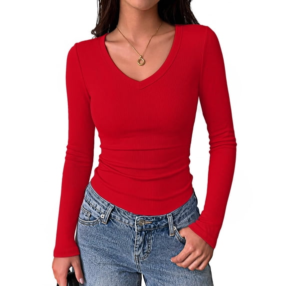 Zeagoo Long Sleeve Shirts for Women V Neck Top Ribbed Knit Fitted Basic Tee Going Out Tops Casual Fall Trendy