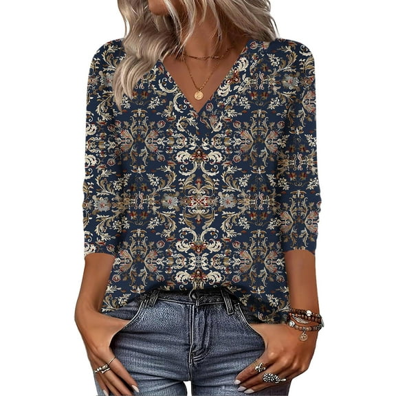 Zeagoo Long Sleeve Tops Women Printed Dressy Casual V Neck T-shirts Basics Blouse Fall and Spring Wear Trendy Clothes