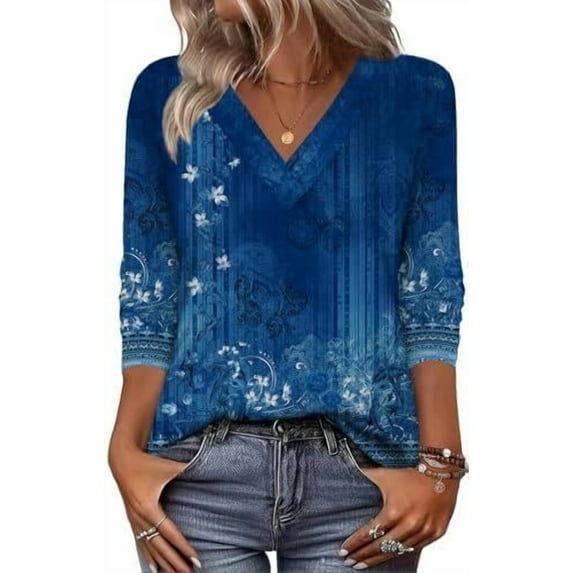 Zeagoo Long Sleeve Tops Women Printed Dressy Casual V Neck T-shirts Basics Blouse Fall and Spring Wear Trendy Clothes