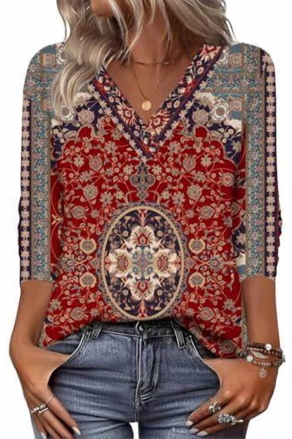 Long Sleeve Tops Women Printed Dressy Casual V Neck T-shirts Basics Blouse Fall and Spring Wear Trendy Clothes