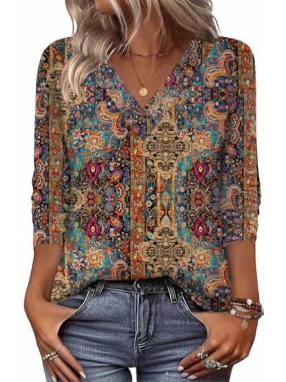 Long Sleeve Tops Women Printed Dressy Casual V Neck T-shirts Basics Blouse Fall and Spring Wear Trendy Clothes