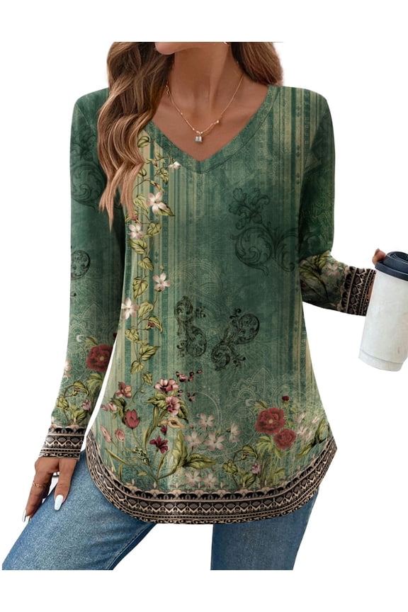 Long Sleeve Tops for Womens Floral Blouse Casual Basic Tunic Tops to Wear with Leggings Shirts