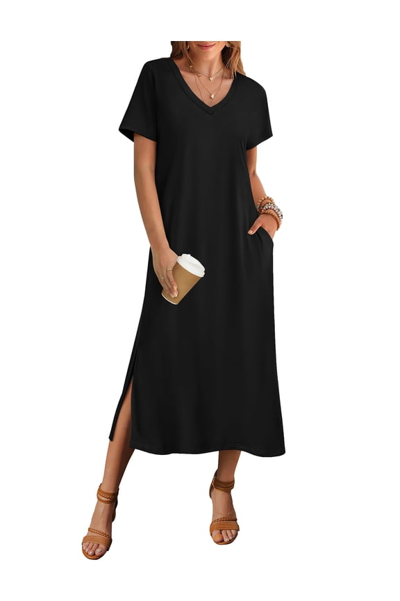 Maxi Sundresses for Women Summer Casual V Neck Boho Flowy Aline Short Sleeve Loose Floral Shift Dresses with Pocket Long Split Dress Beach Cover Up