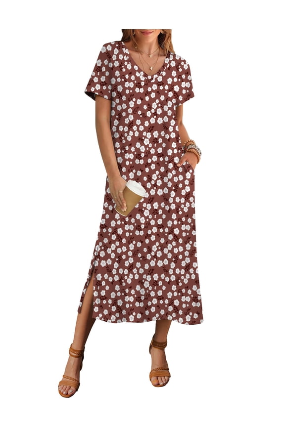 Maxi Sundresses for Women Summer Casual V Neck Boho Flowy Aline Short Sleeve Loose Floral Shift Dresses with Pocket Long Split Dress Beach Cover Up