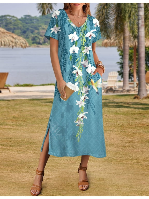 Maxi Sundresses for Women Summer Casual V Neck Boho Flowy Aline Short Sleeve Loose Floral Shift Dresses with Pocket Long Split Dress Beach Cover Up