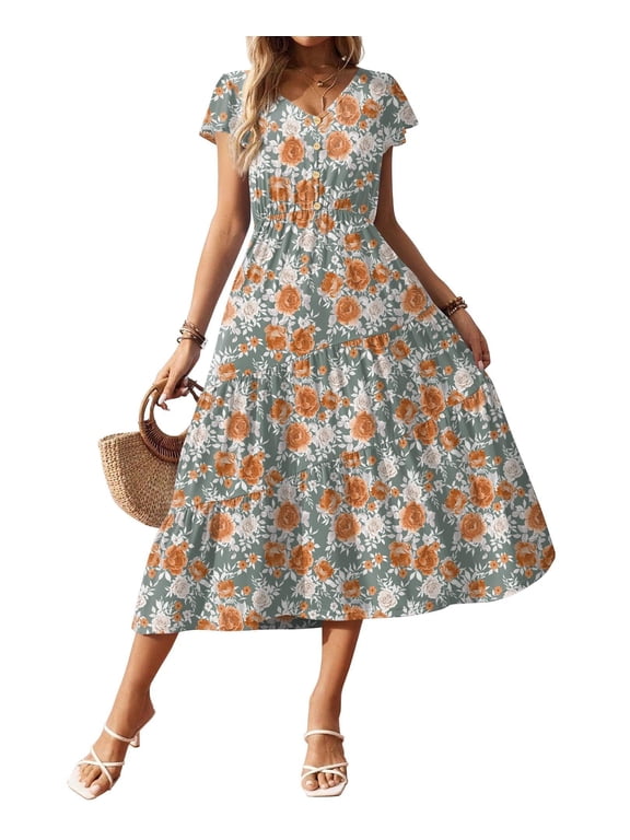 Midi Dresses for Women Casual Short Sleeve Long V Neck Button Down Tiered Dress with Pockets