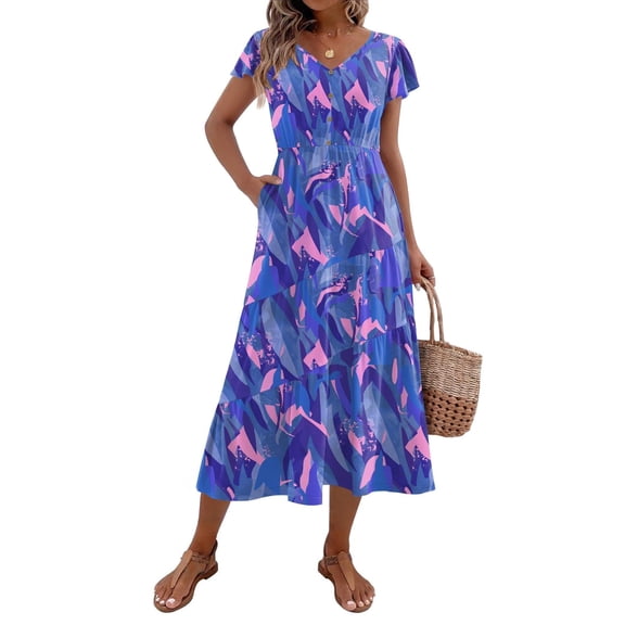 Zeagoo Midi Dresses for Women Casual Short Sleeve Long V Neck Button Down Tiered Dress with Pockets