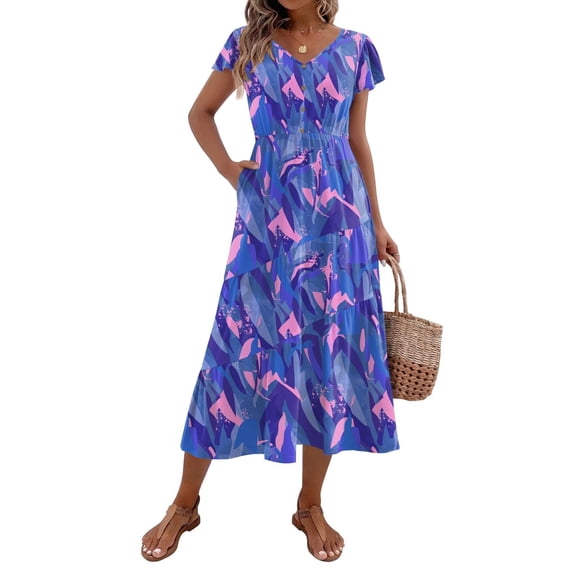 Zeagoo Midi Dresses for Women Casual Short Sleeve Long V Neck Button Down Tiered Dress with Pockets
