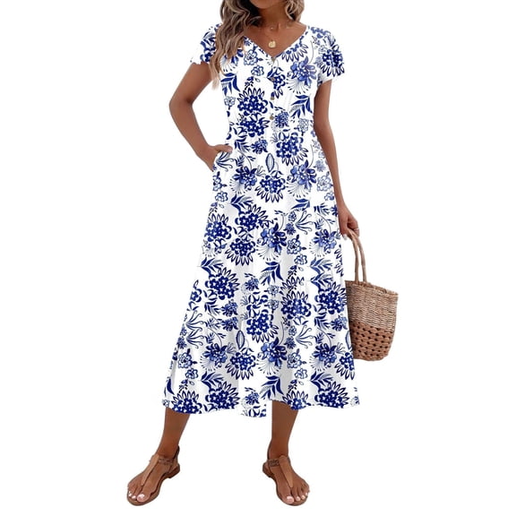 Zeagoo Midi Dresses for Women Casual Short Sleeve Long V Neck Button Down Tiered Dress with Pockets