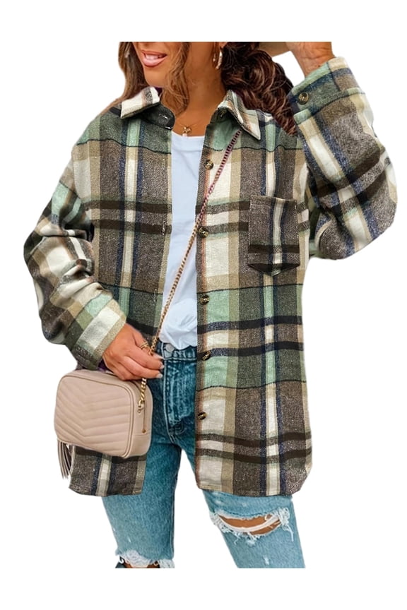 Oversized Plaid Flannel Jacket Button Down Long Sleeve Coat Black Large